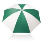A green and white striped umbrella open against a white background. The umbrella features alternating green and white panels in a geometric pattern, with a central pointed tip.