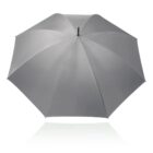 A large, open gray umbrella against a white background. The umbrellas canopy is fully extended, showing a smooth and uniform surface with a central pole.
