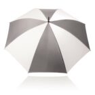 A large umbrella with alternating gray and white panels, shown fully open against a white background. The umbrellas symmetrical pattern creates a visually striking contrast.