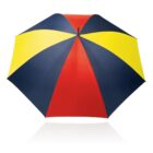 A multi-colored umbrella with alternating red, yellow, and dark blue panels, viewed from above, against a white background.
