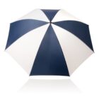 A large umbrella with alternating navy blue and white panels, fully opened against a plain white background.