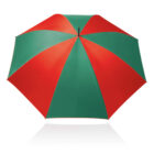 A large, open umbrella with alternating red and green panels, displayed against a white background. The umbrella has a modern, symmetrical design with a smooth surface and a pointed tip.