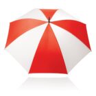 Red and white striped umbrella seen from the top, open and evenly displaying its alternating pattern. The umbrella is isolated on a white background, showcasing its design clearly.
