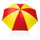 A red and yellow alternating paneled umbrella, open and viewed from above, with a reflective white surface underneath.