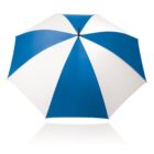 A large umbrella with alternating blue and white panels is open, showing its symmetrical pattern. The umbrella has a central tip and reflective surface beneath it.