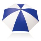 A blue and white striped umbrella is open against a white background. The alternating panels form a symmetrical pattern, and the umbrellas tip is visible at the center. The umbrella is casting a faint reflection below.