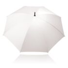 A white umbrella fully opened, displaying its canopy with visible segment seams. The umbrellas top is centered, with a black tip and handle peeking through the canopy. A faint reflection is visible below on the smooth surface.