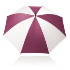 A large umbrella with alternating maroon and white panels, fully opened. The umbrella is tilted slightly backwards, with a visible central pole. The surface beneath reflects parts of the umbrellas design.