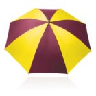 A yellow and burgundy striped umbrella, shown from above, with alternating colored panels forming a vibrant pattern. The umbrellas handle is not visible. The image has a white background.