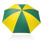 A large umbrella with alternating green and yellow panels, shown from above. The umbrella is fully open and displayed against a white background.