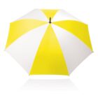 A large, open umbrella with alternating yellow and white panels, viewed from above.