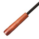 Close-up of a wooden percussion mallet handle with two carved rings. The handle appears polished and is attached to a black shaft extending out of view, commonly used for striking musical instruments.