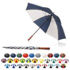 A large umbrella with a blue and white canopy and wooden handle is open, alongside a closed version. Below, there are 24 small images of umbrellas in various colors and designs.