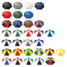 A collection of multicolored umbrellas arranged in rows. Each row features different color combinations, including solid and segmented designs with shades such as green, black, red, white, and blue. The umbrellas are uniformly spaced on a white background.