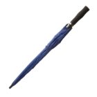A closed blue umbrella with a black handle on a white background.