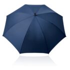 Blue umbrella fully opened against a white background, viewed from above.