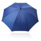 A fully opened blue umbrella against a white background.