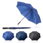 Four umbrellas in blue and black, shown open and closed, on a white background.