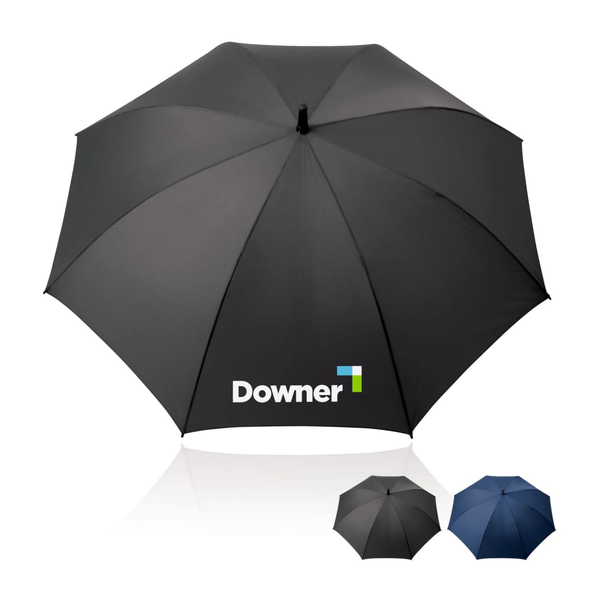 Black umbrella with Downer logo, shown with smaller black and blue umbrellas below.