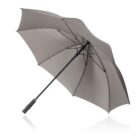 A gray umbrella opened against a white background, showing its handle and inner frame.