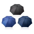 Three umbrellas: one black, one blue, and one dark blue, opened on a white background.