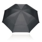 A black umbrella fully opened against a white background.
