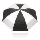 Black and white alternating panel umbrella, open, viewed from above on a white background.