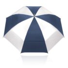 Blue and white striped umbrella viewed from above on a white background.