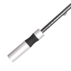 A metallic stick with a black grip section, isolated on a white background.
