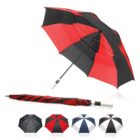 Five umbrellas in various colors; one is open, showing a red and black pattern.