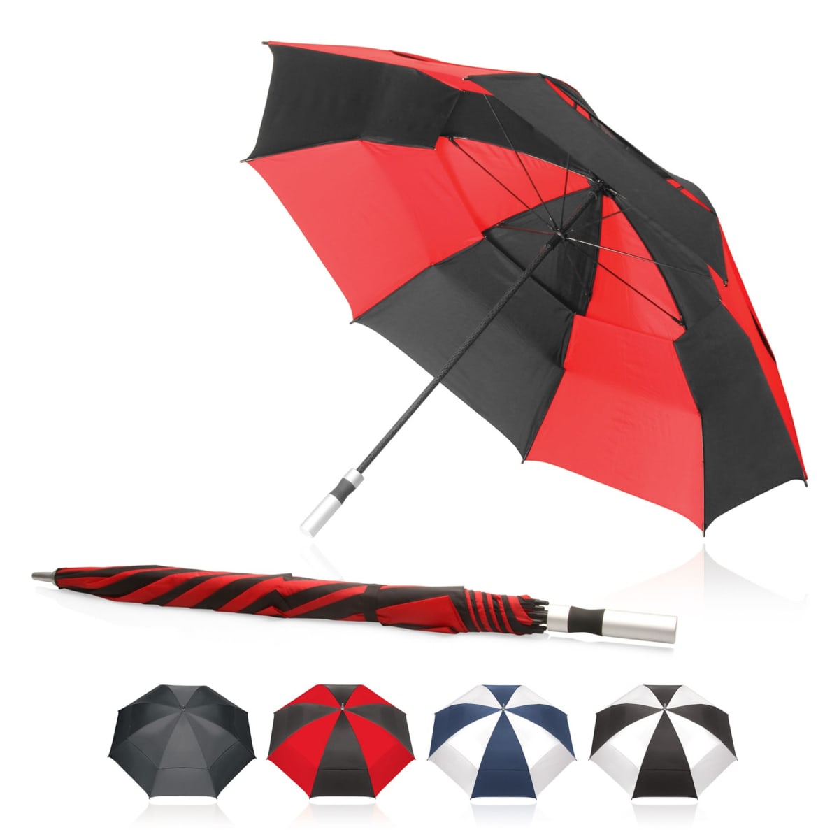 Five umbrellas in various colors; one is open, showing a red and black pattern.