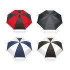 Four umbrellas in red-black, dark gray, blue-white, and black-white, on a white background.