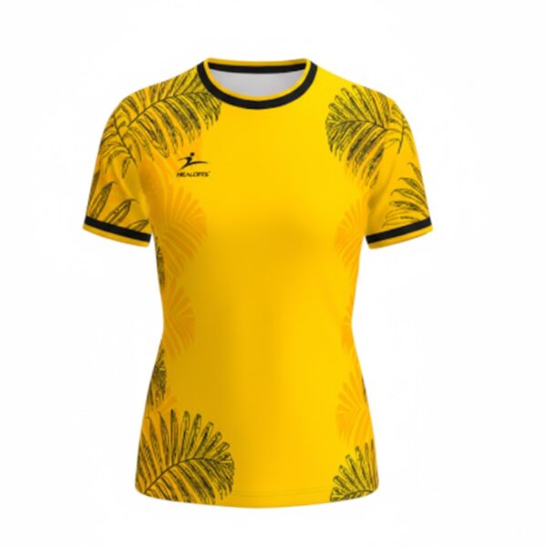 Ladies Sublimated Tee Shirt—yellow with black collar, cuffs, and leaf pattern accents.