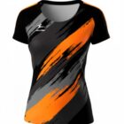 Ladies Sublimated Tee Shirt with abstract black, orange, and gray brush-stroke design.