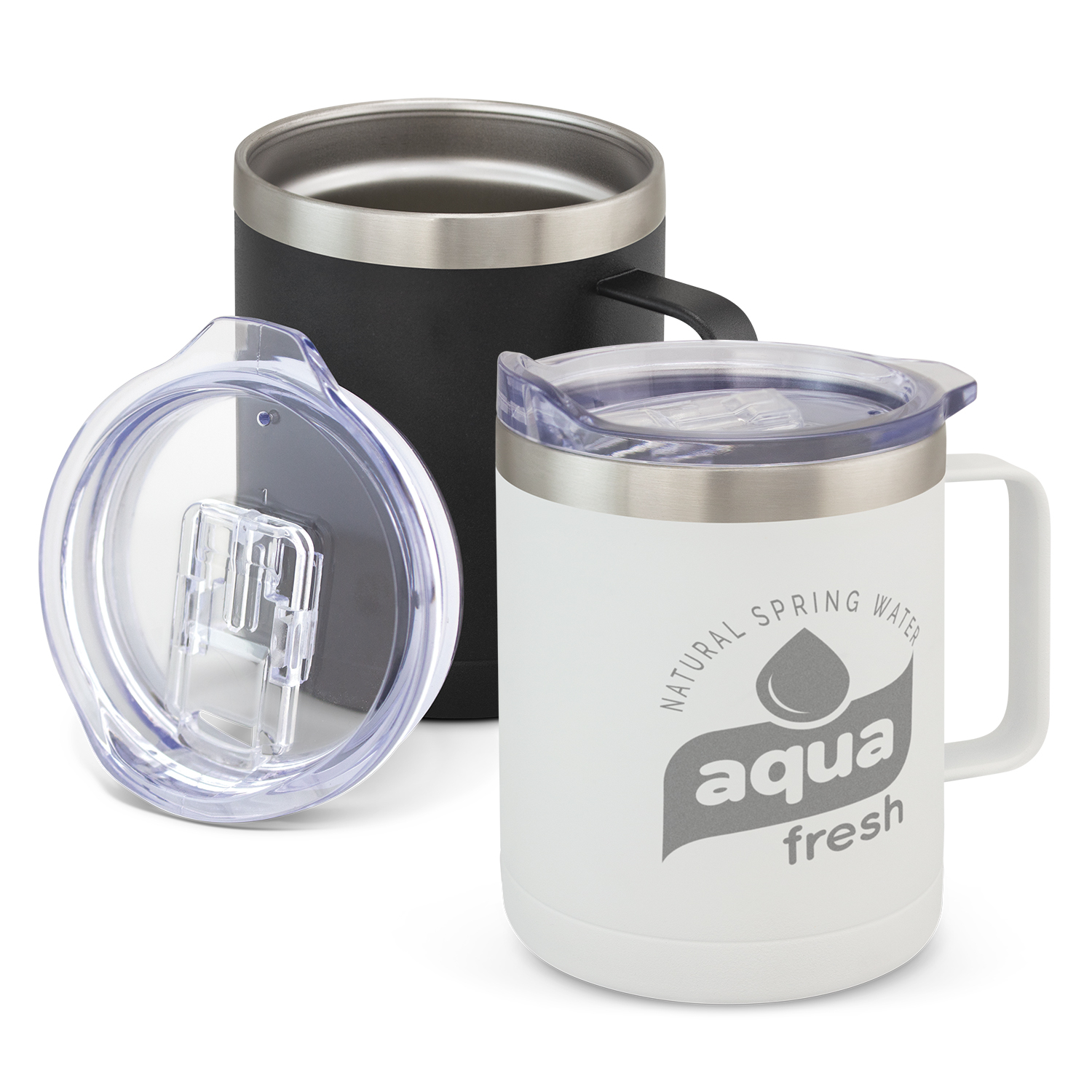Two promotional insulated, eco-friendly mugs with lids - Company Logo Printed