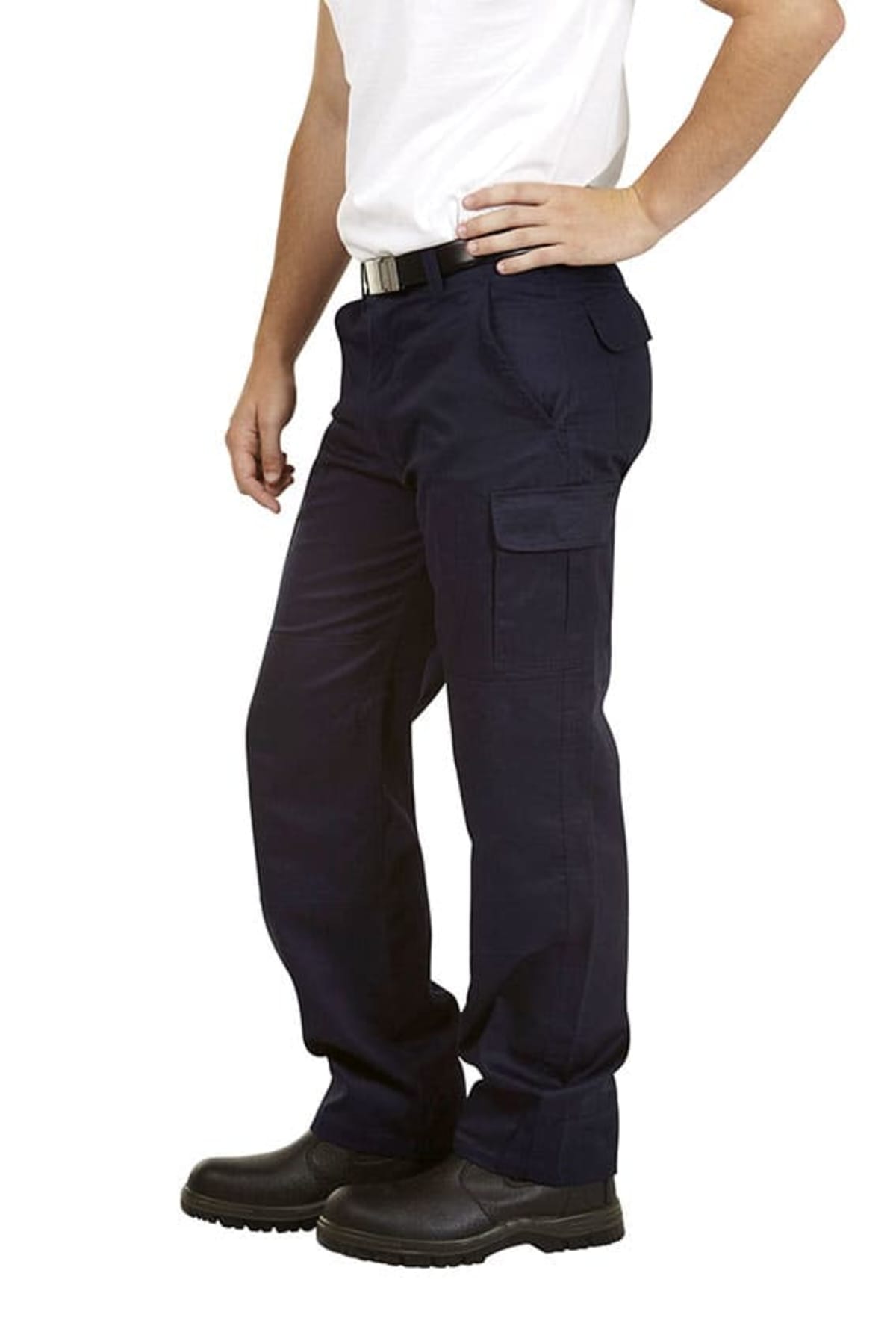 Person in a white shirt, dark cargo pants, and black boots standing with hand on hip.