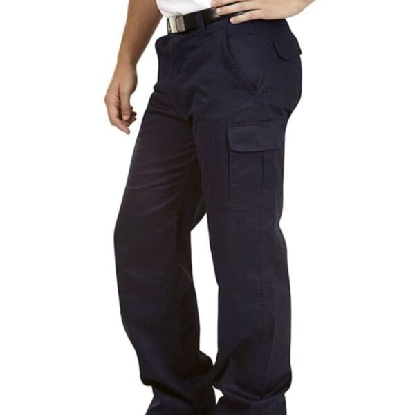 Person wearing a white shirt, dark cargo pants, black belt, and black shoes, standing.
