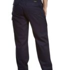 Person wearing navy blue cargo pants and black shoes, shown from the back.