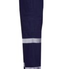 Dark blue cargo work pants with reflective stripes on the lower legs, side view.