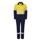 Yellow and navy blue work coveralls with reflective stripes on a white background.