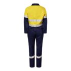 Work coverall with yellow top, navy bottom, and reflective stripes, displayed from the back.