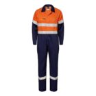 Orange and navy blue coveralls with reflective white bands.