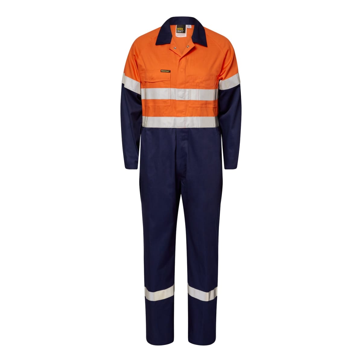Orange and navy blue coveralls with reflective white bands.