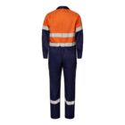 Orange and navy blue coverall with reflective stripes, viewed from the back.