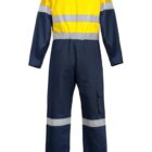 Back view of a yellow and blue work jumpsuit with reflective stripes on sleeves and legs.
