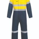 Yellow and navy blue safety coveralls with reflective stripes.
