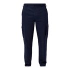 Navy blue cargo pants with side pockets, shown from the front.