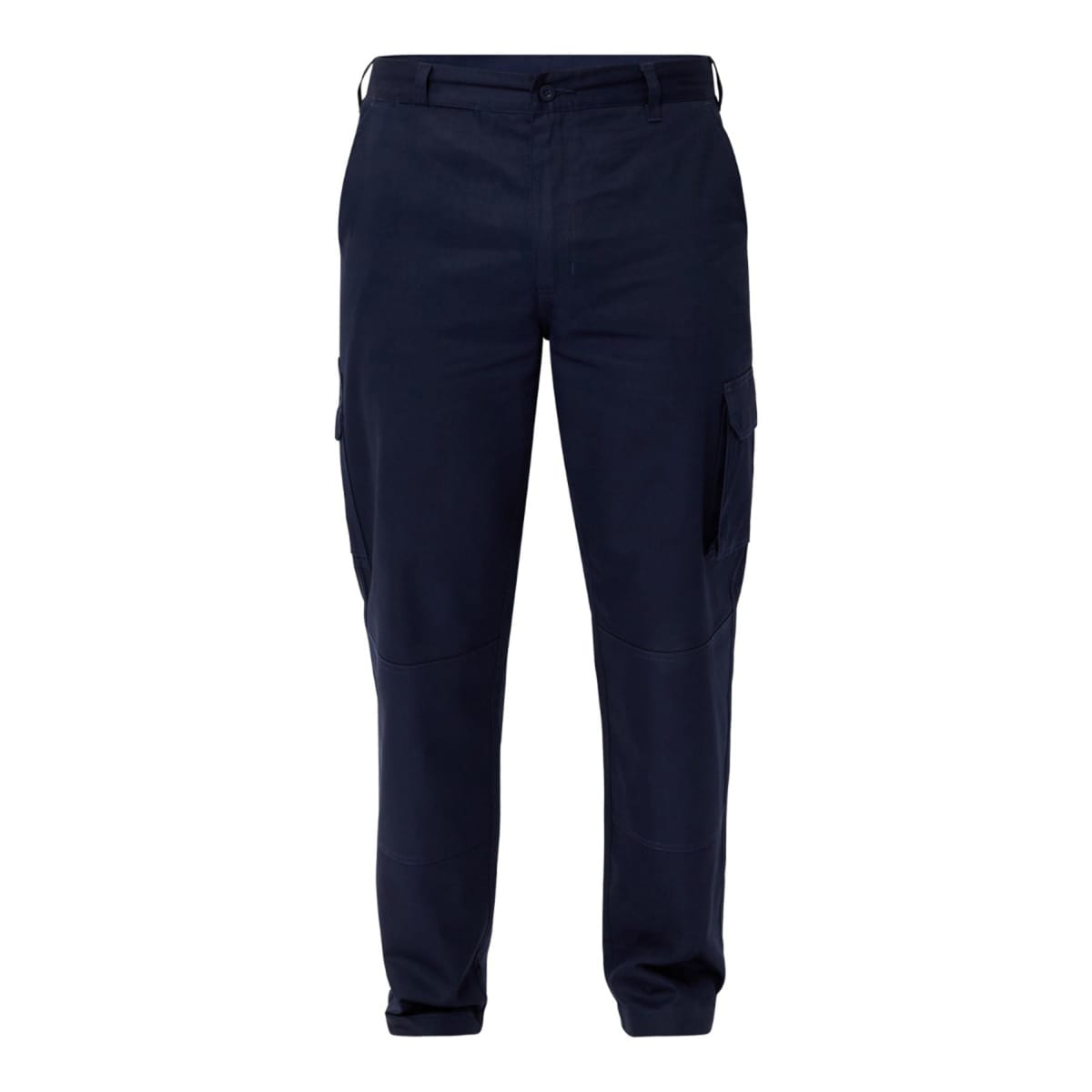 Navy blue cargo pants with side pockets, shown from the front.