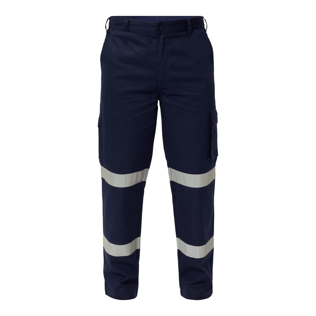 Dark blue cargo pants with reflective stripes on the legs.