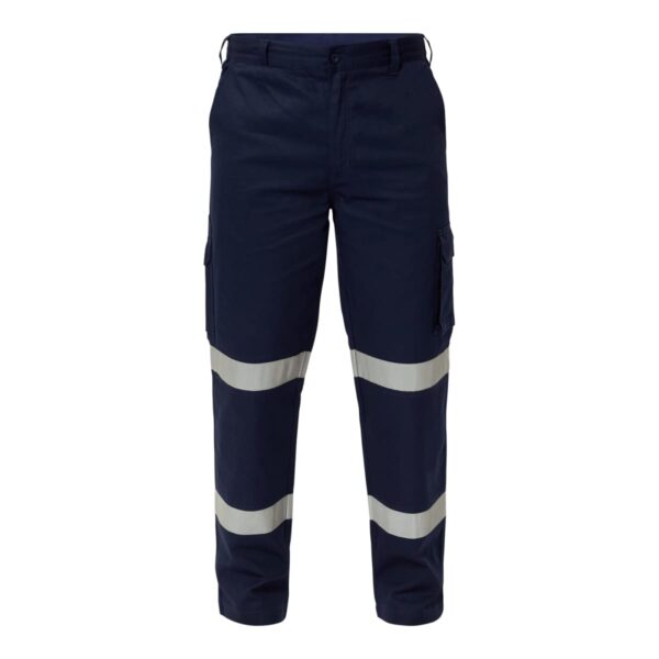 Dark blue cargo pants with reflective stripes on the legs.